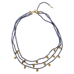 Multi-strand 43.65 Carat Iolite Bead Necklace with Yellow Gold Paisley Charms 