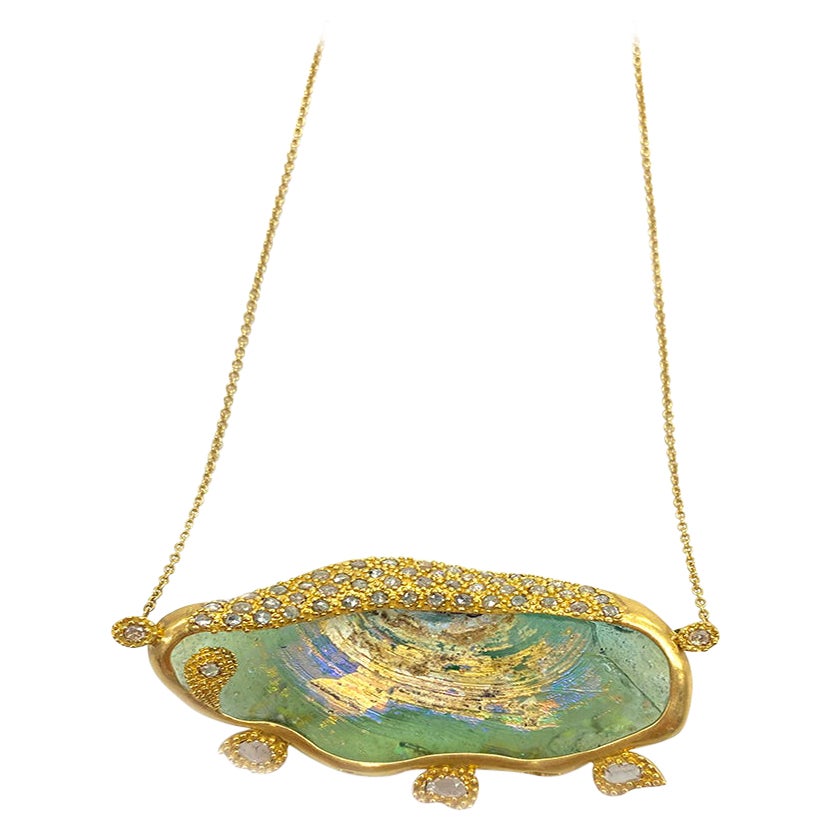 20K Yellow Gold Necklace with 57.45 Carat Antique Glass and Rose-Cut Diamonds For Sale
