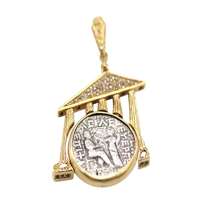 One-Of-A-Kind Yellow Gold Partian Coin Pendant with 1.15 Carat Diamonds For Sale