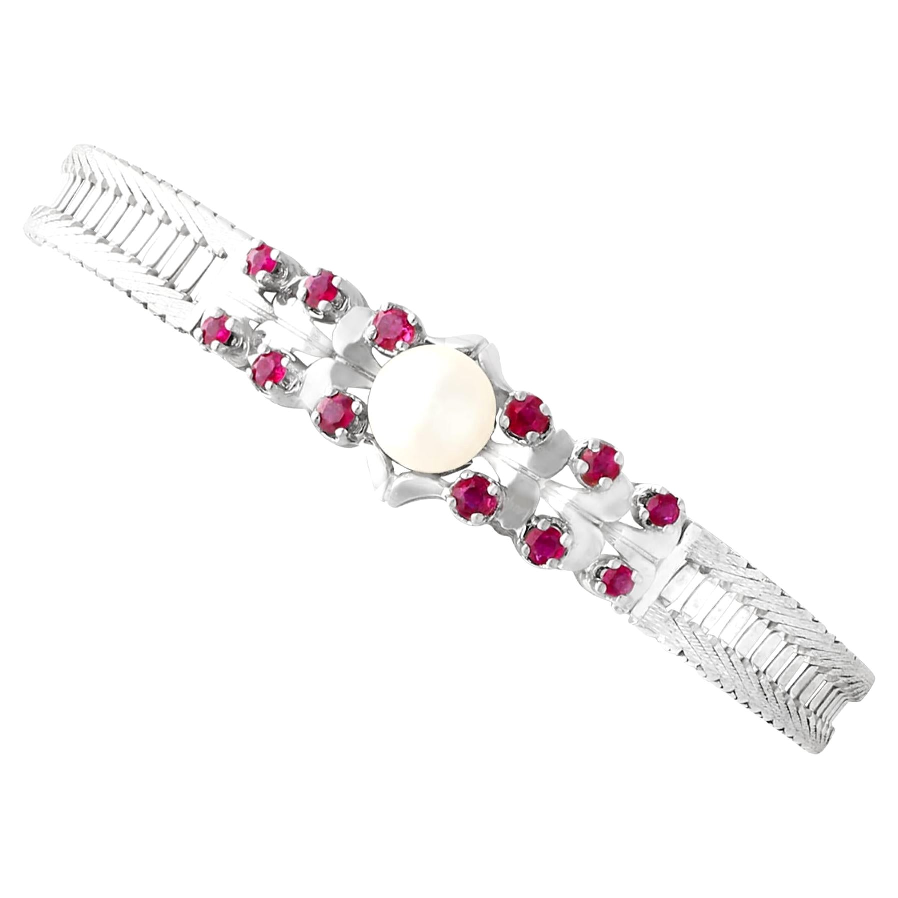 Pearl and Ruby White Gold Bracelet For Sale