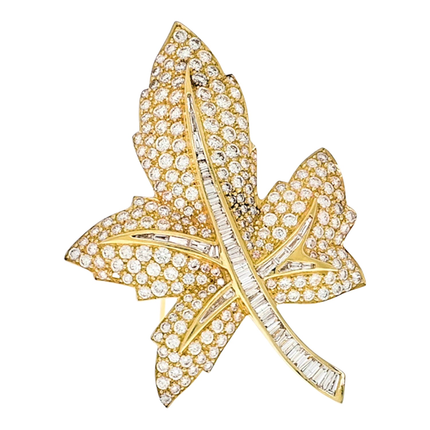 18 Karat Yellow Gold Round and Baguette Diamond Maple Leaf Brooch For Sale