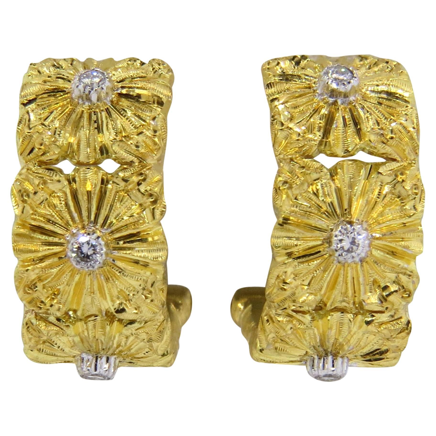 Buccellati Diamond Gold Cassettoni Half Hoop Flower Earrings 