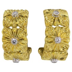 Buccellati Diamond Gold Cassettoni Half Hoop Flower Earrings