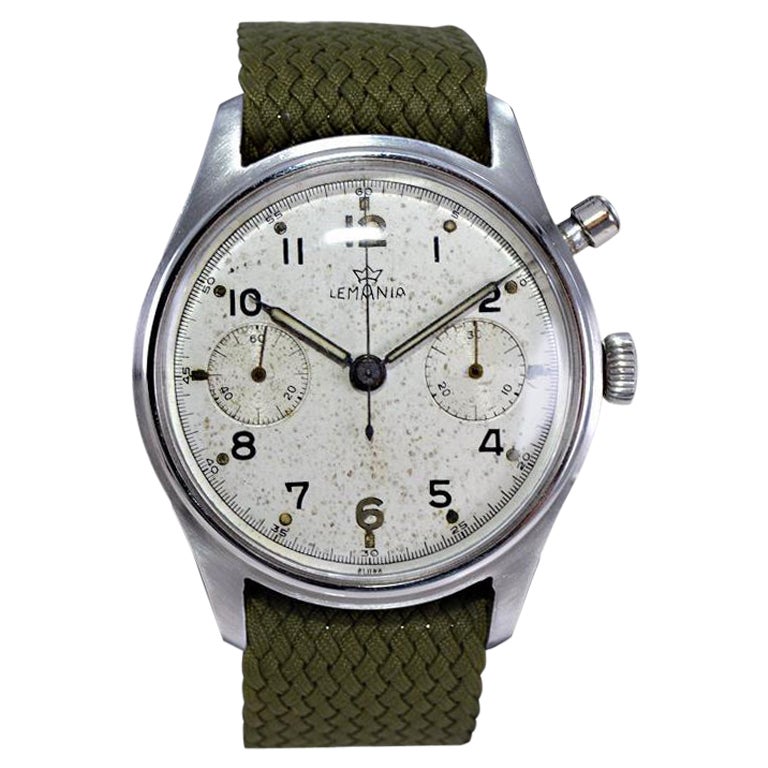 Lemania Stainless Steel Military Single Button Chronograph Manual Watch For Sale