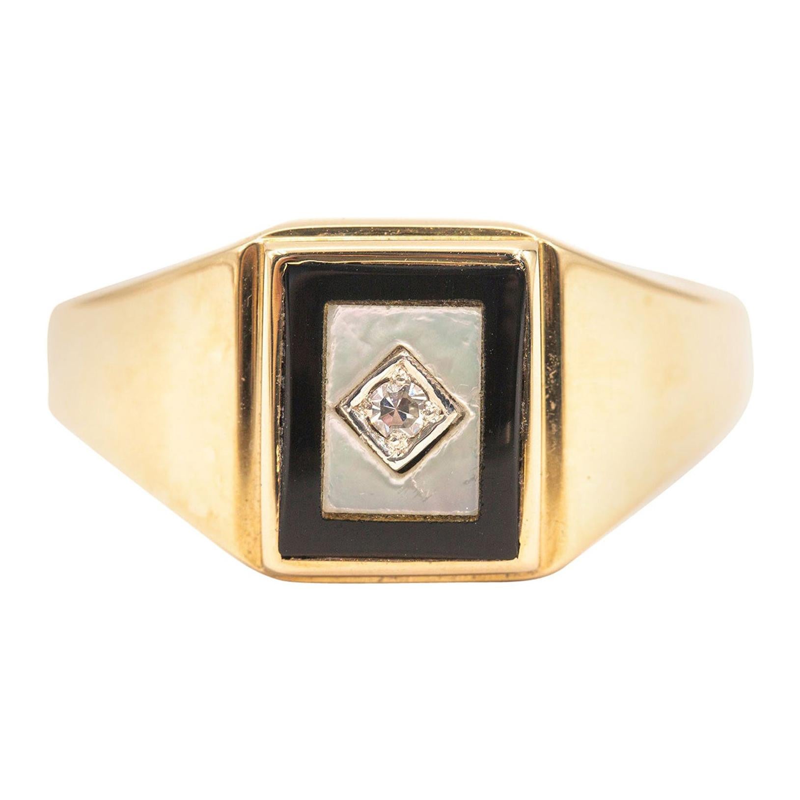 Onyx and Diamond and Mother of Pearl 9 Carat Yellow Gold Men’s Signet Ring