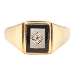 Vintage Onyx and Diamond and Mother of Pearl 9 Carat Yellow Gold Men’s Signet Ring