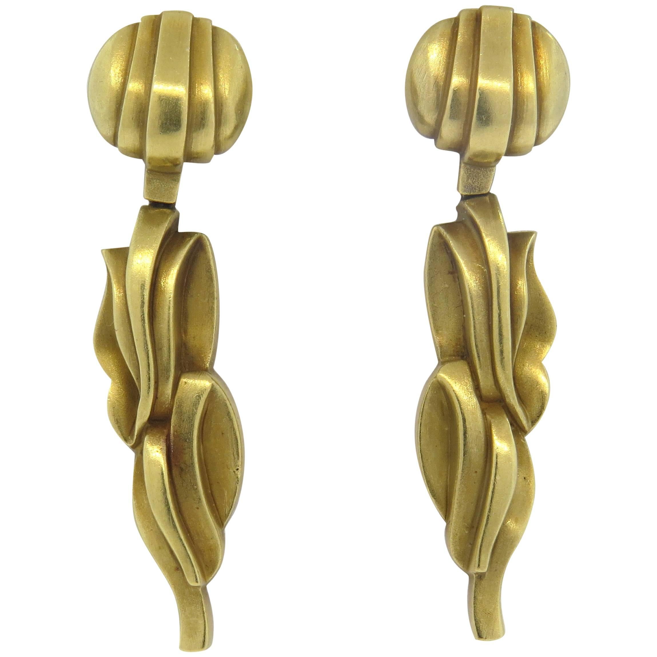 1980s Kieselstein Cord Grape Vine Gold Drop Earrings 