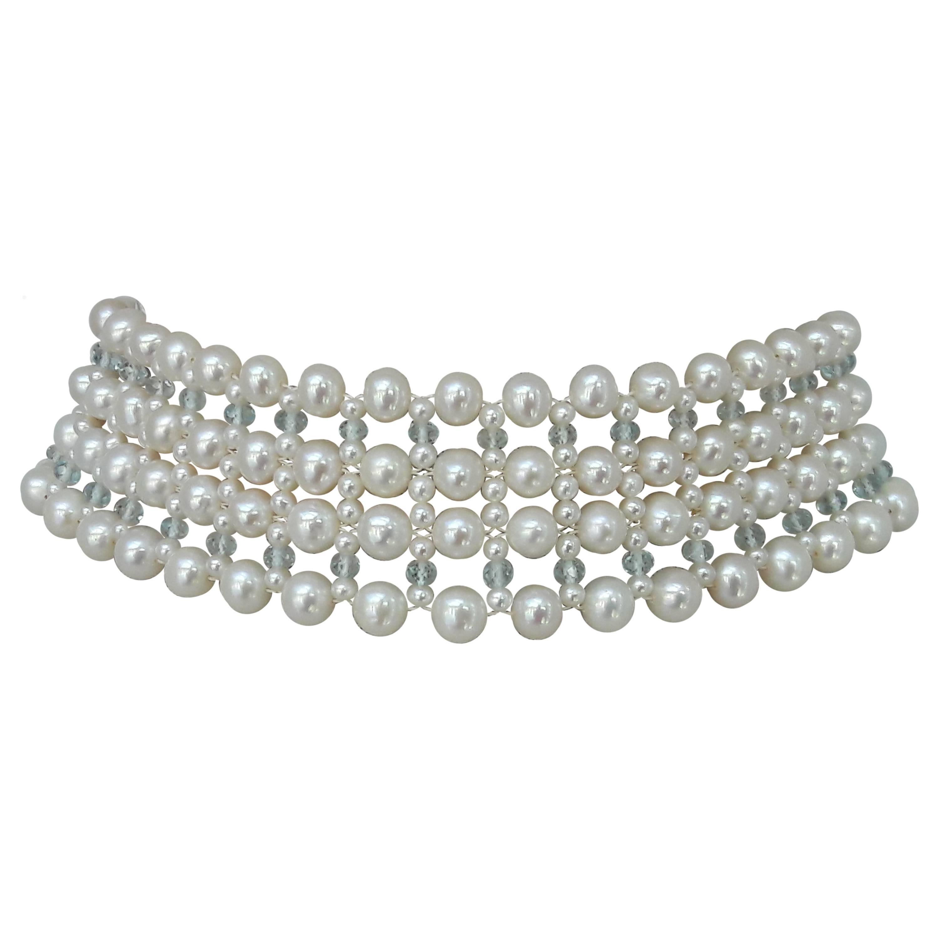 Marina J Woven Large/Small Pearl, Aquamarine, Choker Necklace