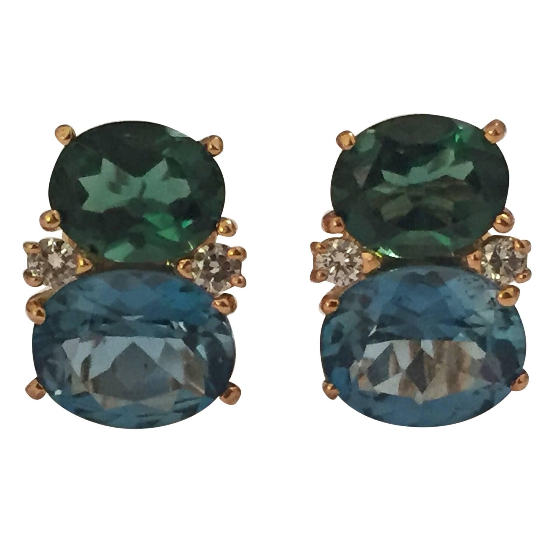 Medium GUM DROP™ Earrings with Tsavorite and Dark Blue Topaz and Diamonds For Sale