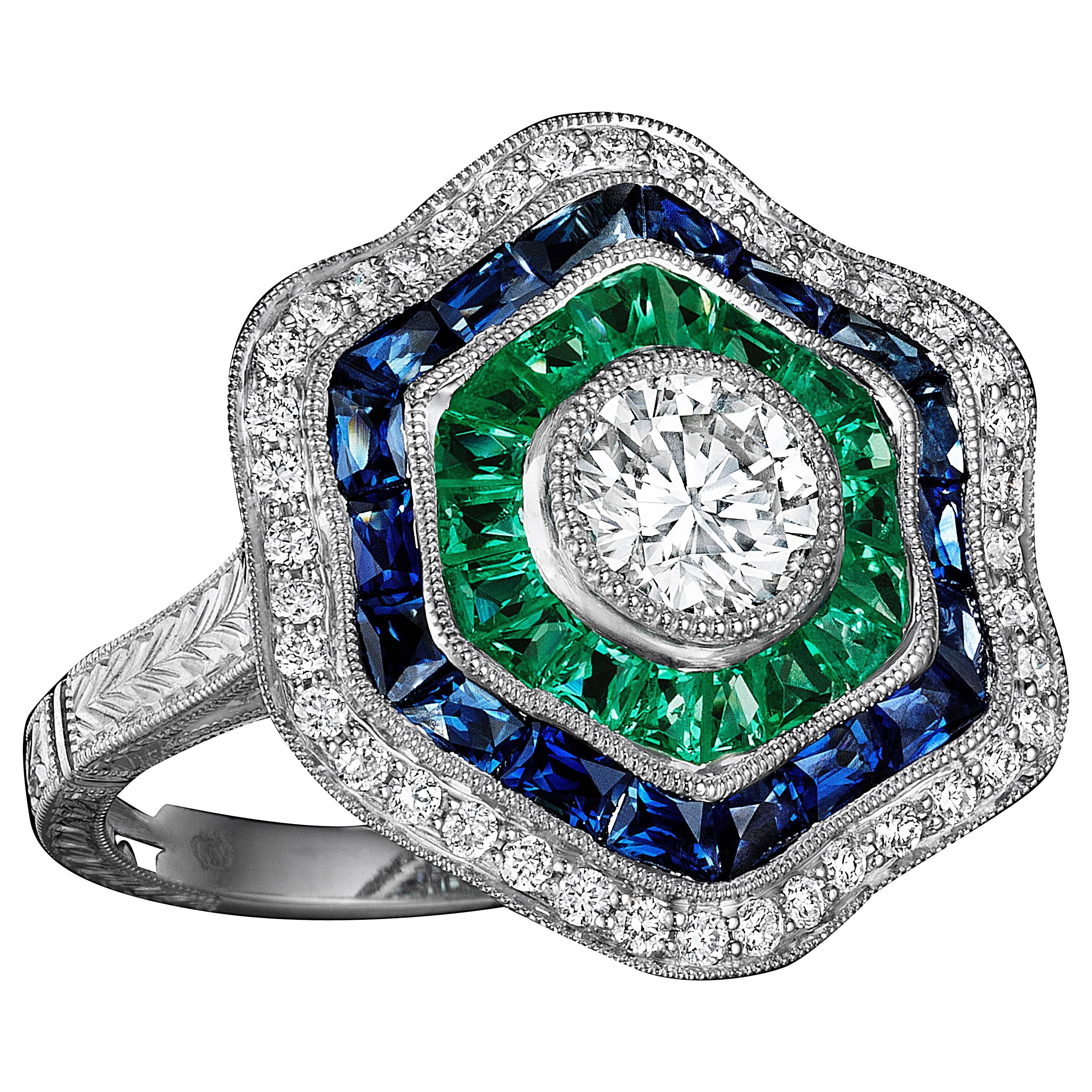 Art Deco Ballerina Emerald Sapphire Diamond Ring For Sale
