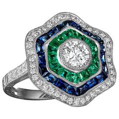 Art Deco Ballerina Emerald Sapphire Diamond Ring