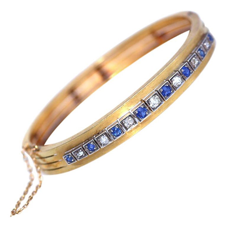 Edwardian Diamonds Sapphires Gold Bracelet Original Box, 1910 For Sale