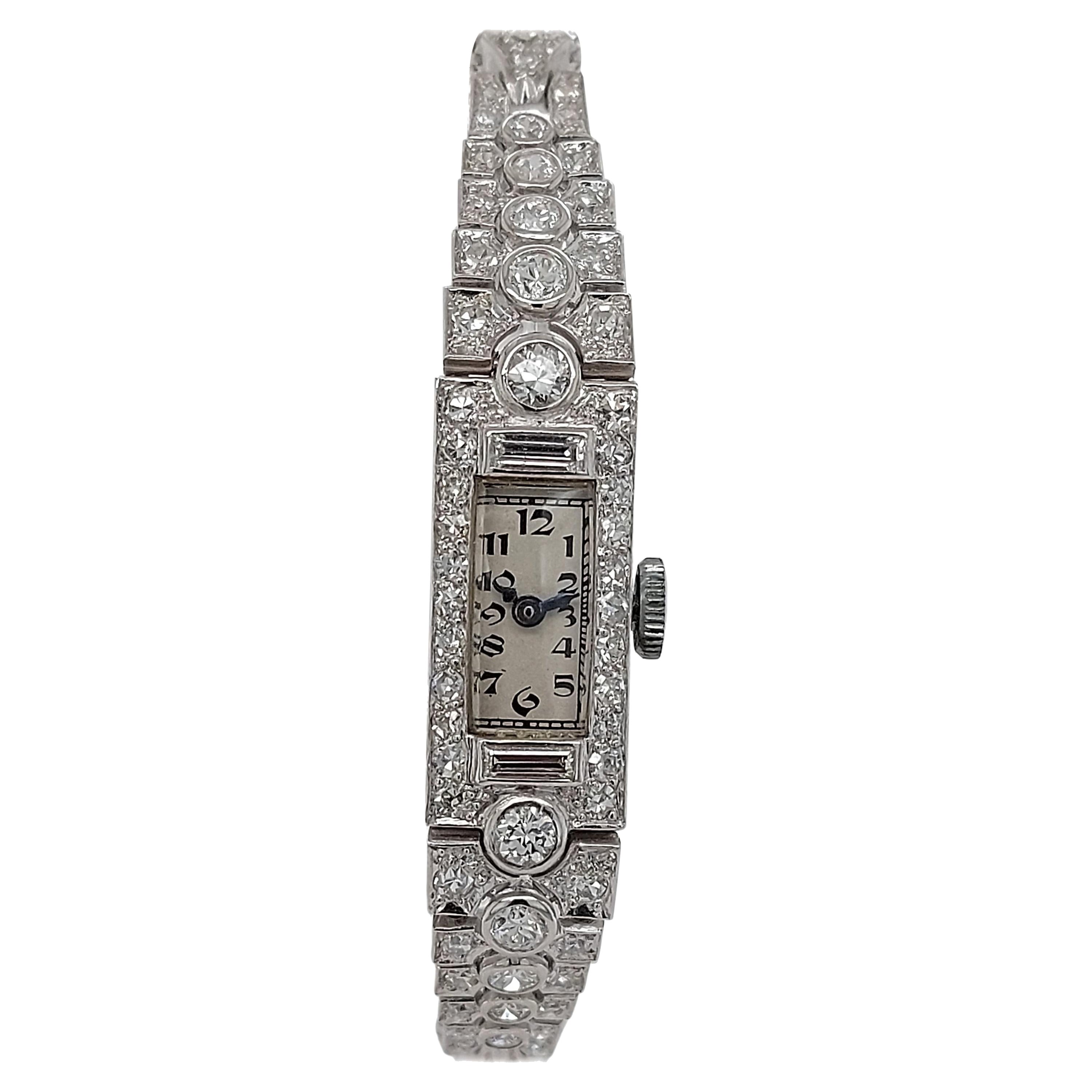 Platinum Lady Wristwatch with Old Cut or Baguette Cut Diamonds For Sale