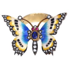 Vintage Butterfly Ring Sapphire Diamonds Color Enamel, 1950