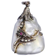 Antique 19th century pearl ruby diamond silver pendant 