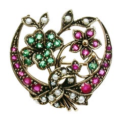 Ruby Emerald Pearl Brooch