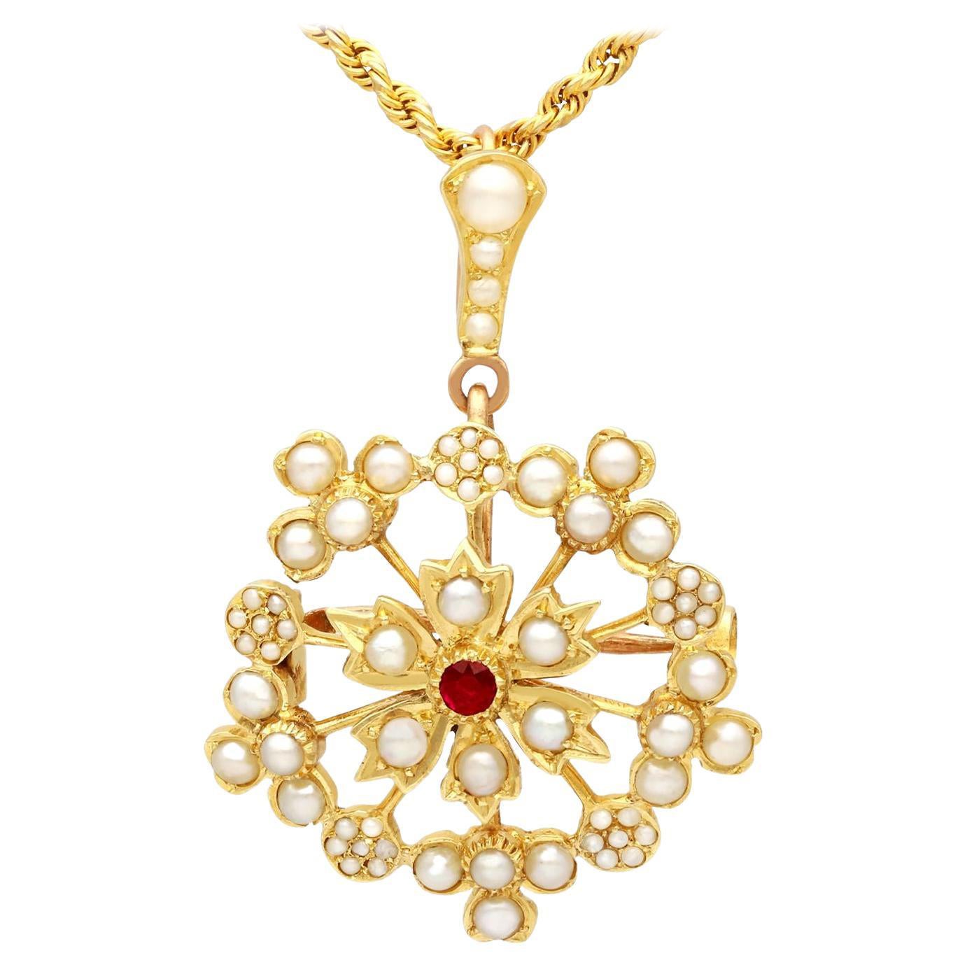 1920s, Antique Ruby and Seed Pearl Yellow Gold Pendant Brooch