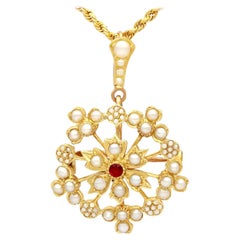 1920s Ruby and Seed Pearl Yellow Gold Pendant / Brooch