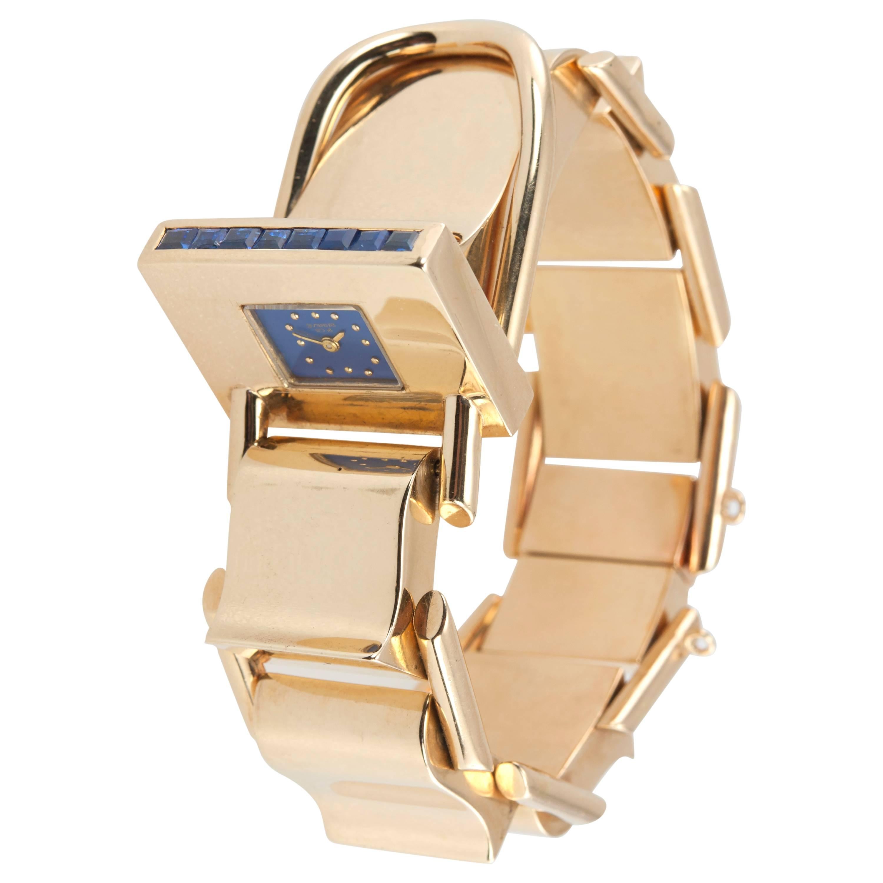 Shreve & Co. yellow Gold sapphire Bracelet wristwatch For Sale