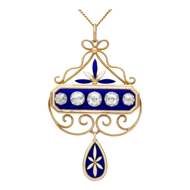 Antique 1.89 Carat Diamond and Enamel Yellow Gold and Silver Pendant ...