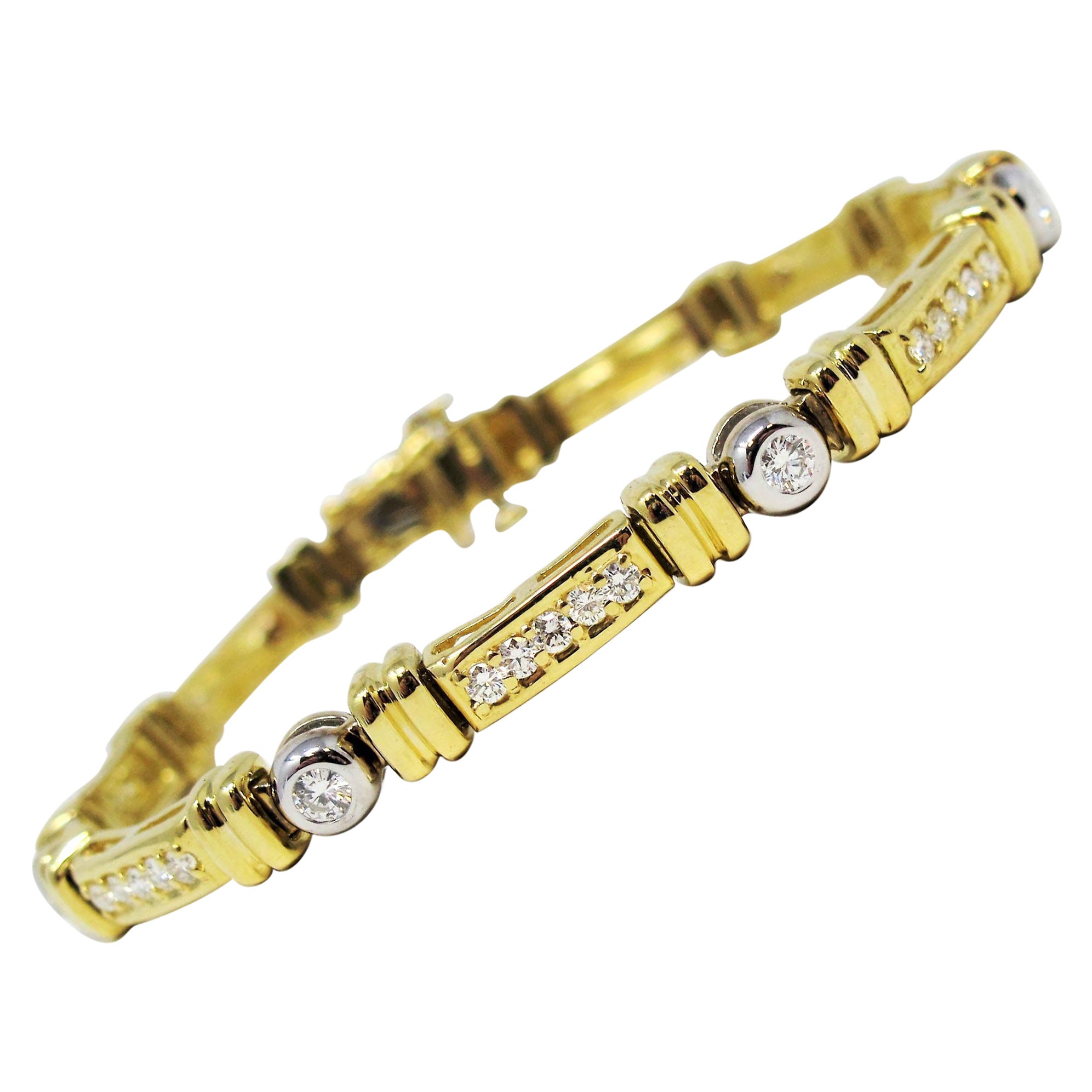 Round Diamond and Bar Link Bracelet 18 Karat Yellow & White Gold Round Stations For Sale