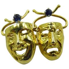 1960s Tiffany & Co. Whimsical Sapphire Gold Comedy Tragedy Theater Masks Pin