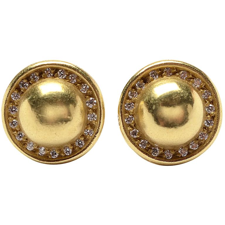 Barry Kieselstein Cord Small diamond gold Domed Earrings at 1stDibs