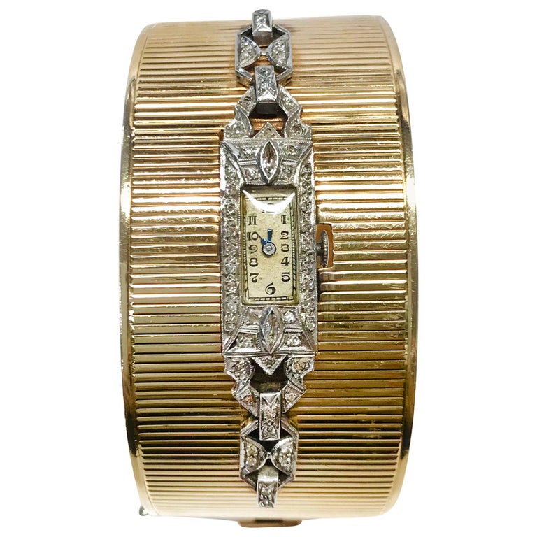 Yellow Gold Platinum Diamond Bracelet Watch For Sale at 1stDibs