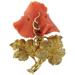 Antique Carved Coral Gold Floral Pendant 5