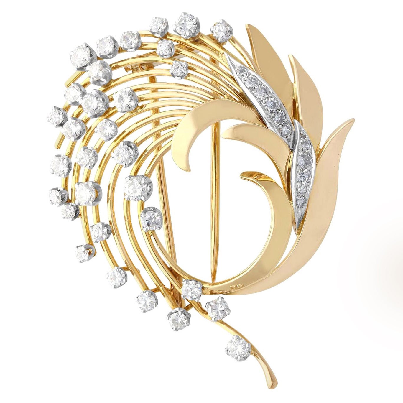 Vintage 2.65 Carat Diamond and Yellow Gold Brooch, Circa 1950