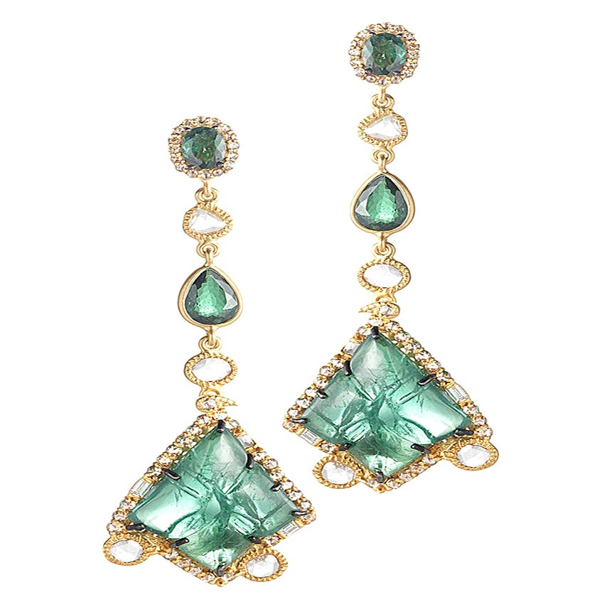 Carved Gold Earrings Set with Lapis Lazuli, Tsavorite, and Diamonds For Sale