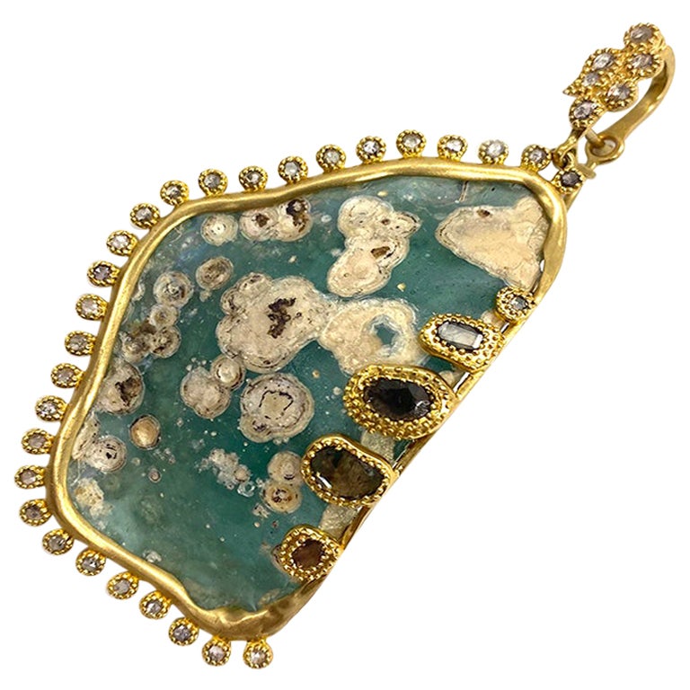 Beautiful Iridescent Patina Pendant with Roman Glass and 1.12 Carat Diamonds