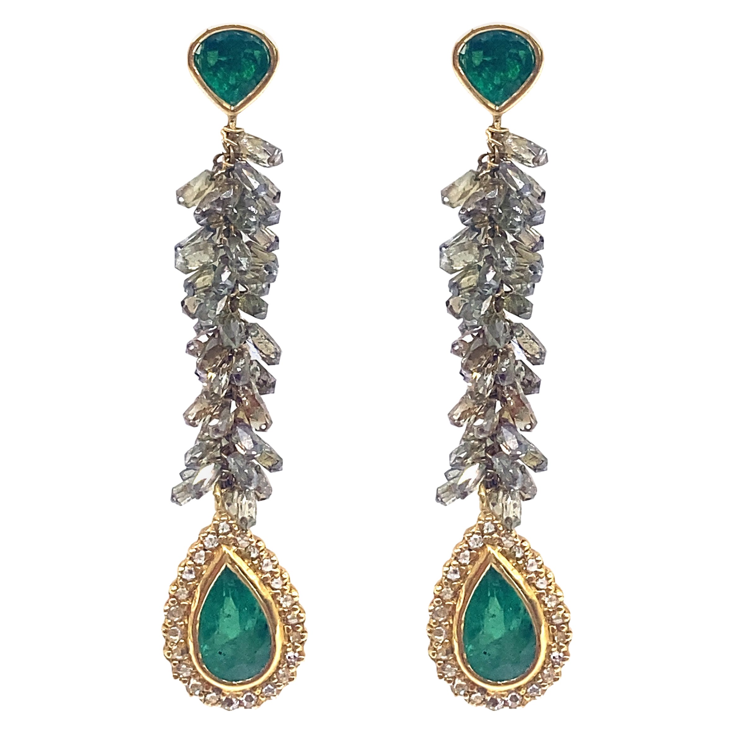 7.46 Carat Pear Shaped Emeralds Dangle Earrings with Diamonds For Sale