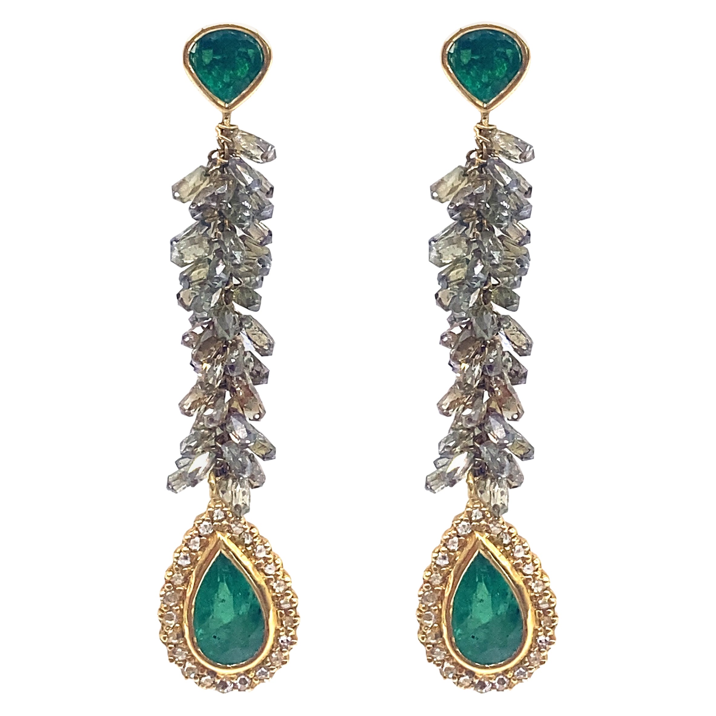 7.46 Carat Pear Shaped Emeralds Dangle Earrings with Diamonds