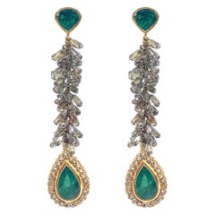 7.46 Carat Pear Shaped Emeralds Dangle Earrings with Diamonds