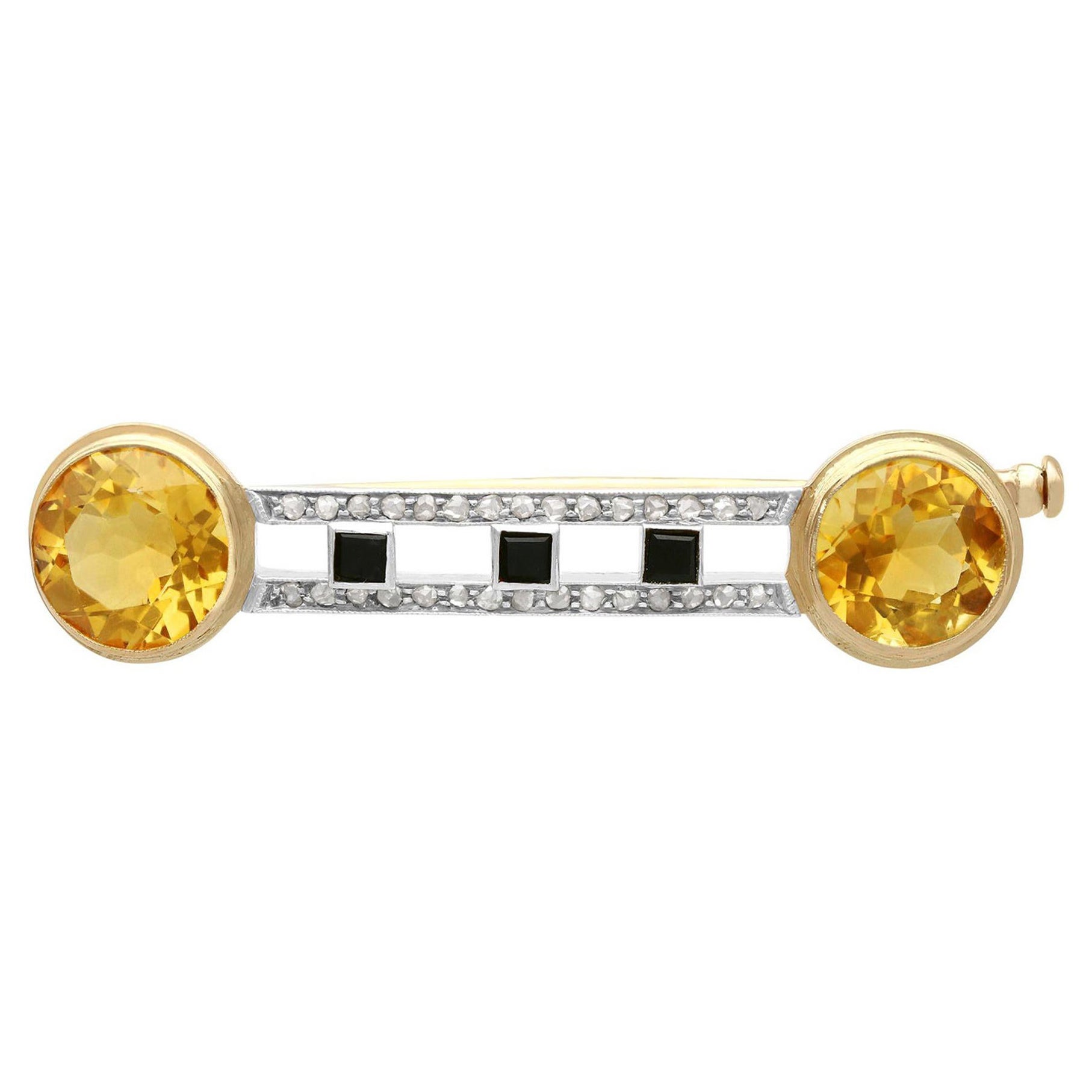 Gelbgoldbrosche mit 6,69 Karat Citrin, Diamant und Onyx, 1920er Jahre