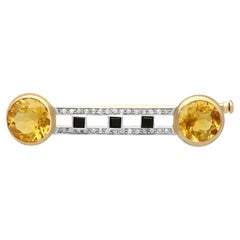 Antique 1920s 6.69 Carat Citrine Diamond and Onyx Yellow Gold Brooch