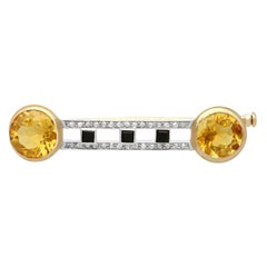 Antique 1920s 6.69 Carat Citrine Diamond and Onyx Yellow Gold Brooch