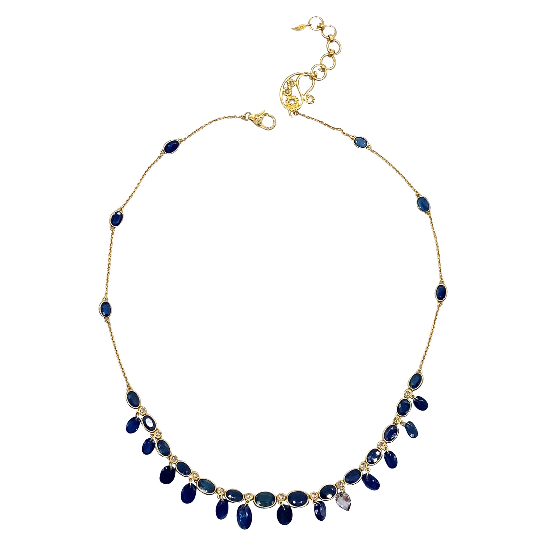 Gorgeous Blue Sapphire Drops Necklace with 1.08 Carat Diamonds For Sale