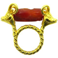 Antique Spinning Carved Carnelian Gold Ram Heads Ring