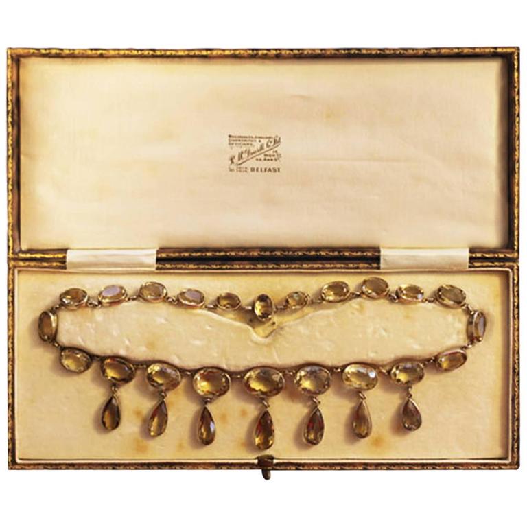 Victorian Citrine Drop Silver Gilt Boxed Necklace For Sale at 1stDibs