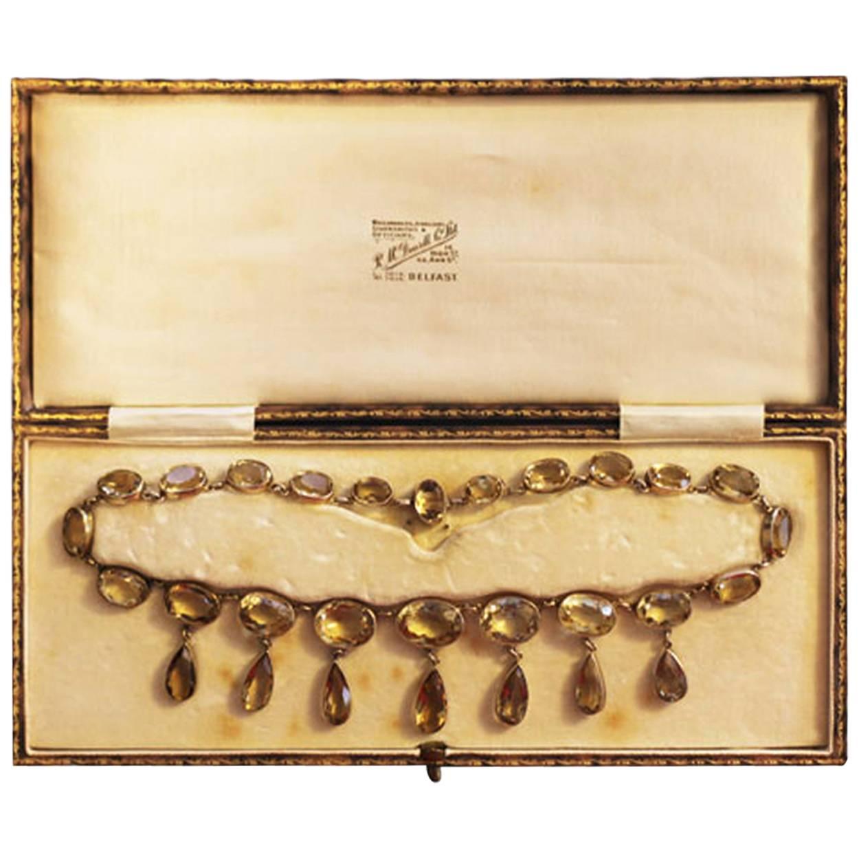 Victorian Citrine Drop Silver Gilt Boxed Necklace In Excellent Condition For Sale In Toronto, Ontario
