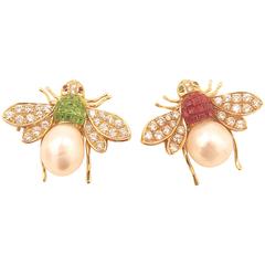 Pair of Emerald, Ruby, Diamond and Pearl Bee Brooches