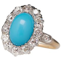 Late Victorian Era Turquoise Old Diamond Halo Ring 