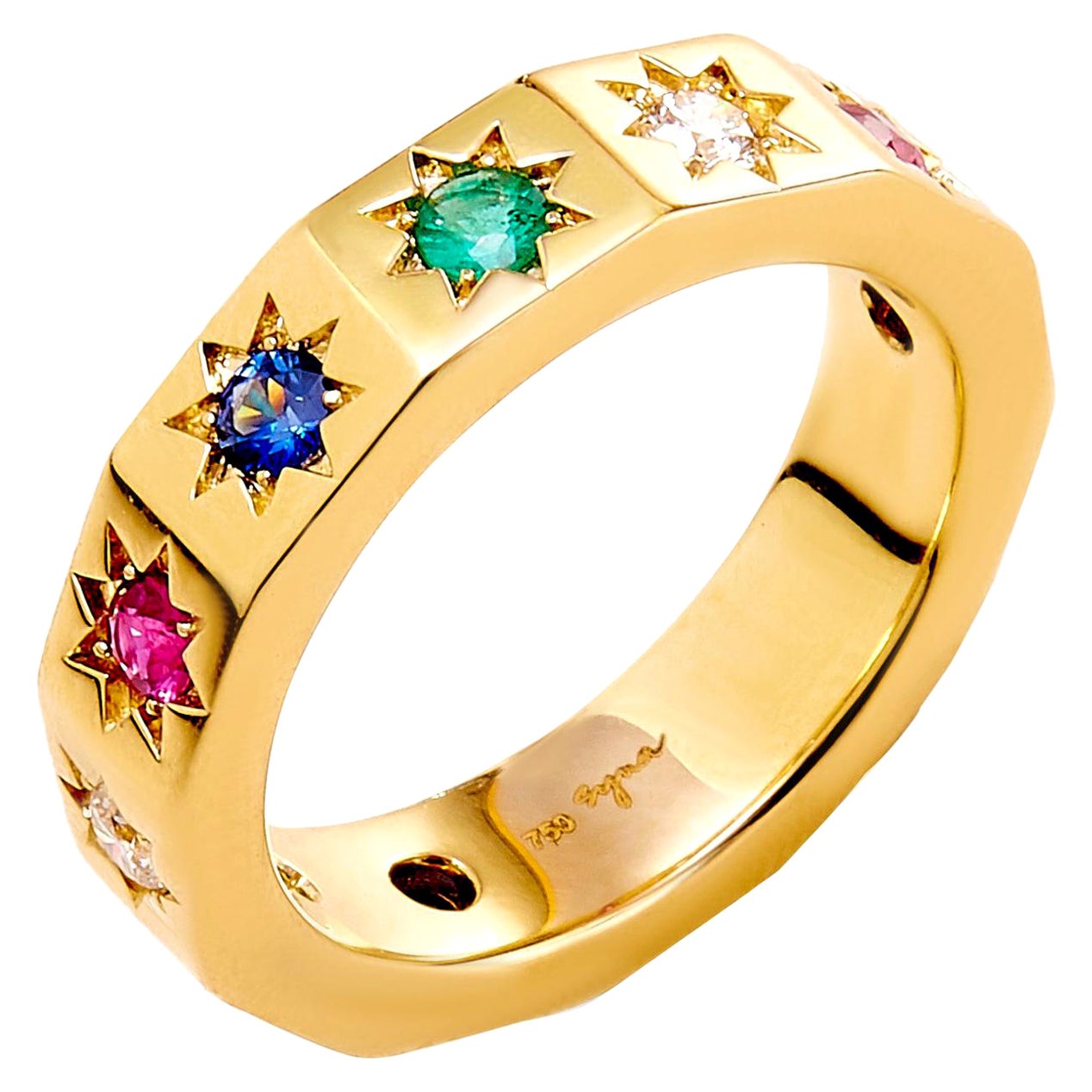Syna Yellow Gold Cosmic Multi-Color Stars Band with Diamonds For Sale