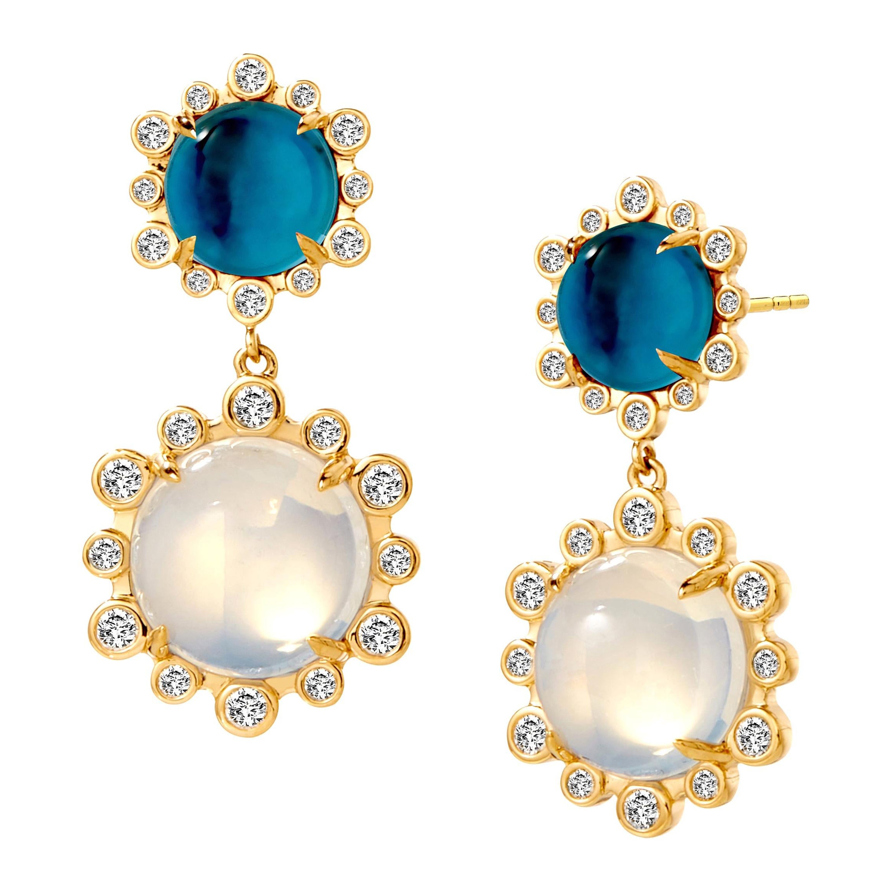 Syna Earrings with London Blue Topaz, Moon Quartz and Diamonds For Sale
