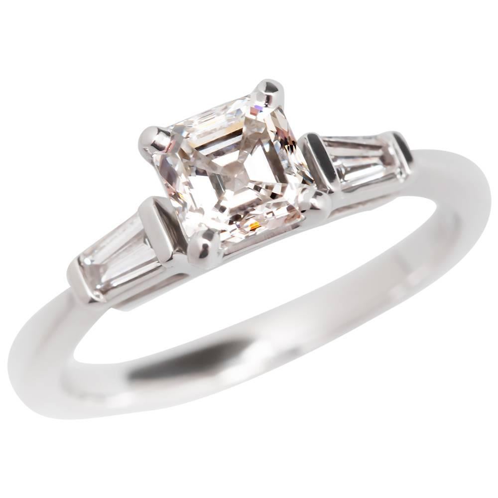 GIA .76 Carat Asscher Cut E/VVS2 Diamond White Gold Ring  For Sale