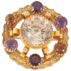 Engraved 15 Carat Gold Antique Brooch & Coloured Gemstones, Scottish circa 1870