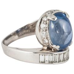 1930 Art Deco cabochon sapphire brilliant and baguette cut diamond platinum ring