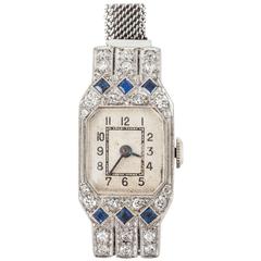 lady's platinum diamond sapphire Milanese bracelet wristwatch